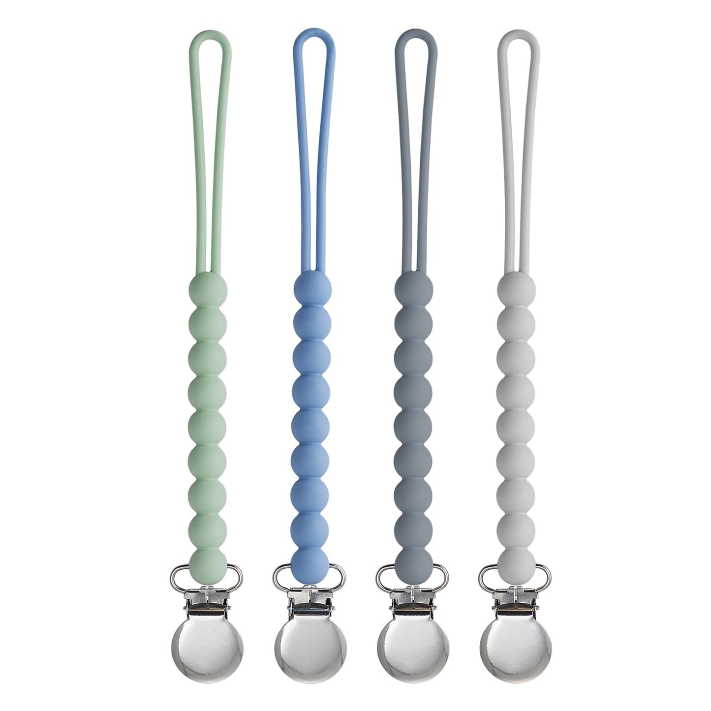 Pacifier Clip for Boys Girls - MORIBOX 4 Pack Paci Clip Soothie Baby Binky Holder for Shower Gift Birthday (Grey+Dgrey+Blue+Sage