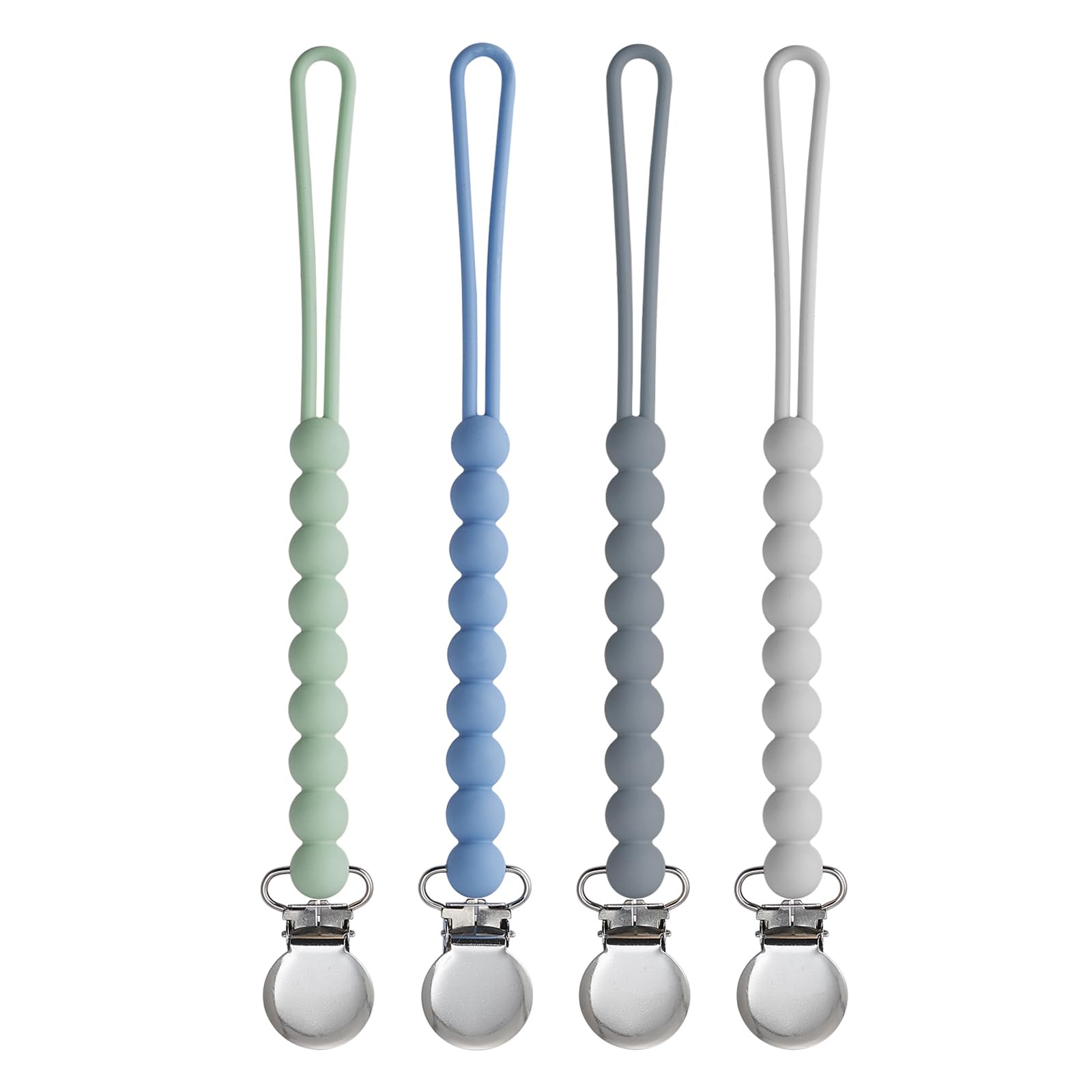 Pacifier Clip for Boys Girls - MORIBOX 4 Pack Paci Clip Soothie Baby Binky Holder for Shower Gift Birthday (Grey+Dgrey+Blue+Sage