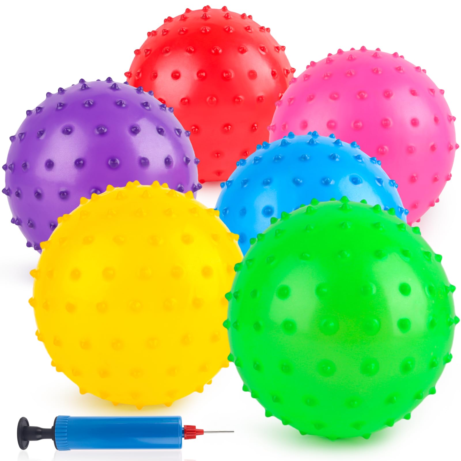 LOVEINUSA 6PCS Bounce Balls with Pump, Knobby Balls 7inch Sensory Balls Spiky Massage Balls for Babies Toddlers