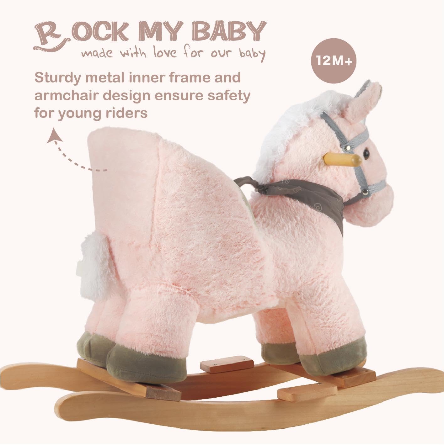 Rock My Baby Rocking Horse with Chair, Pink Unicorn Pony Rocker with Realistic Unicorn Music. Rocking Animal. Wooden Rocking Hor