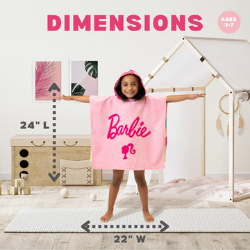 Franco Barbie Kids Beach/Pool/Bath/Camping Hooded Towel Poncho 24' X 22', Absorbent Cotton Cover Up, (100% Official Licensed B