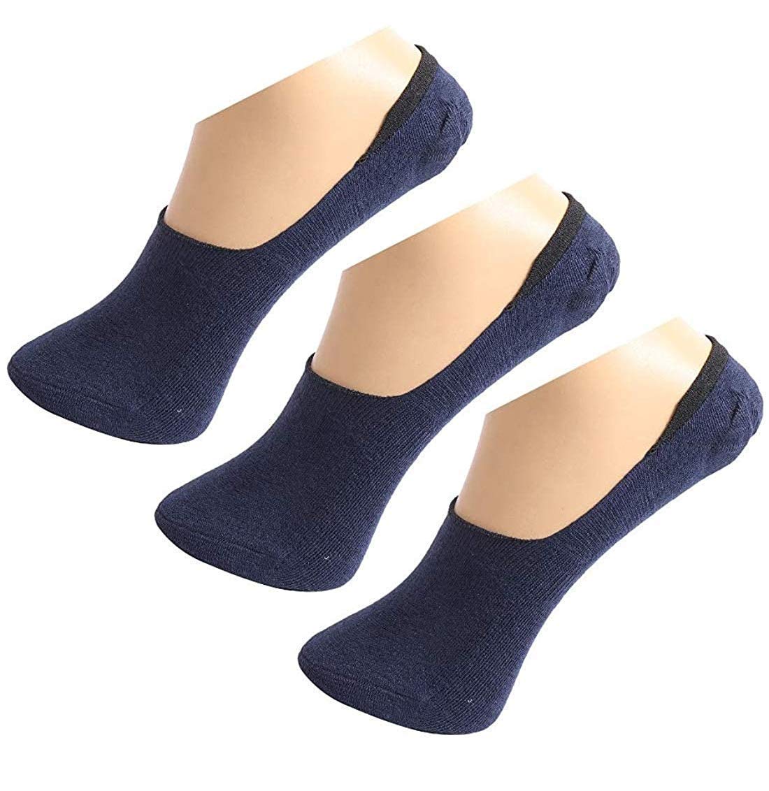 Pinkit AntiSlip Unisex Cotton Invisible No Show Cotton Loafer Socks With Anti Slip Silicon Grip (Navy, Pack Of 3 Pairs)