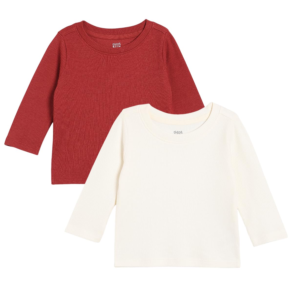 Miniklub Baby Boys Round Neck Full Sleeves Knitted Cotton TShirt, Pack Of 2, Red/Off White (34Y)