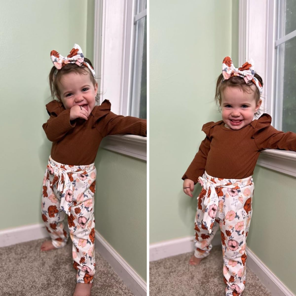 Aalizzwell Newborn Baby Girls Fall Clothes Ribbed Long Sleeve Floral Thanksgiving Outfits Nb Brown