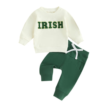 Kupretty Toddler Baby Boy Clothes Valentines Day Outfit Graphic Long Sleeve Crewneck Sweatshirt + Joggers Pants Sets (Irish Gree