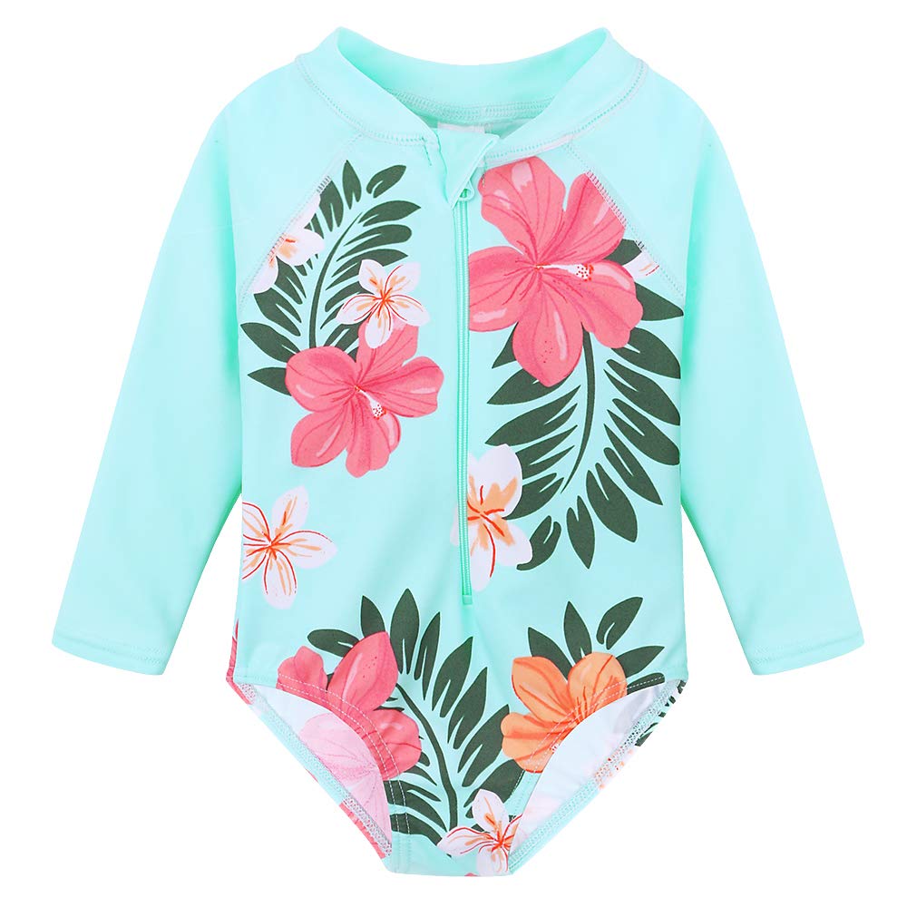 Huaaniue Baby/Toddler Girl Swimsuit Rashguard Swimwear Long Sleeve One-Piece Aqua Flower 2-3 T