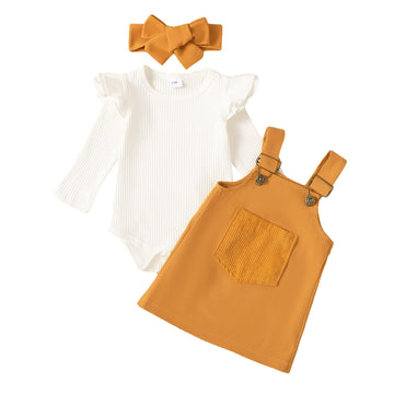Kucnuzki Baby Girl Fall Clothes Toddler Long Sleeve Outfit Infant Ruffled Romper Yellow Soft Suspender Skirt Dress 6-12 Month Gi