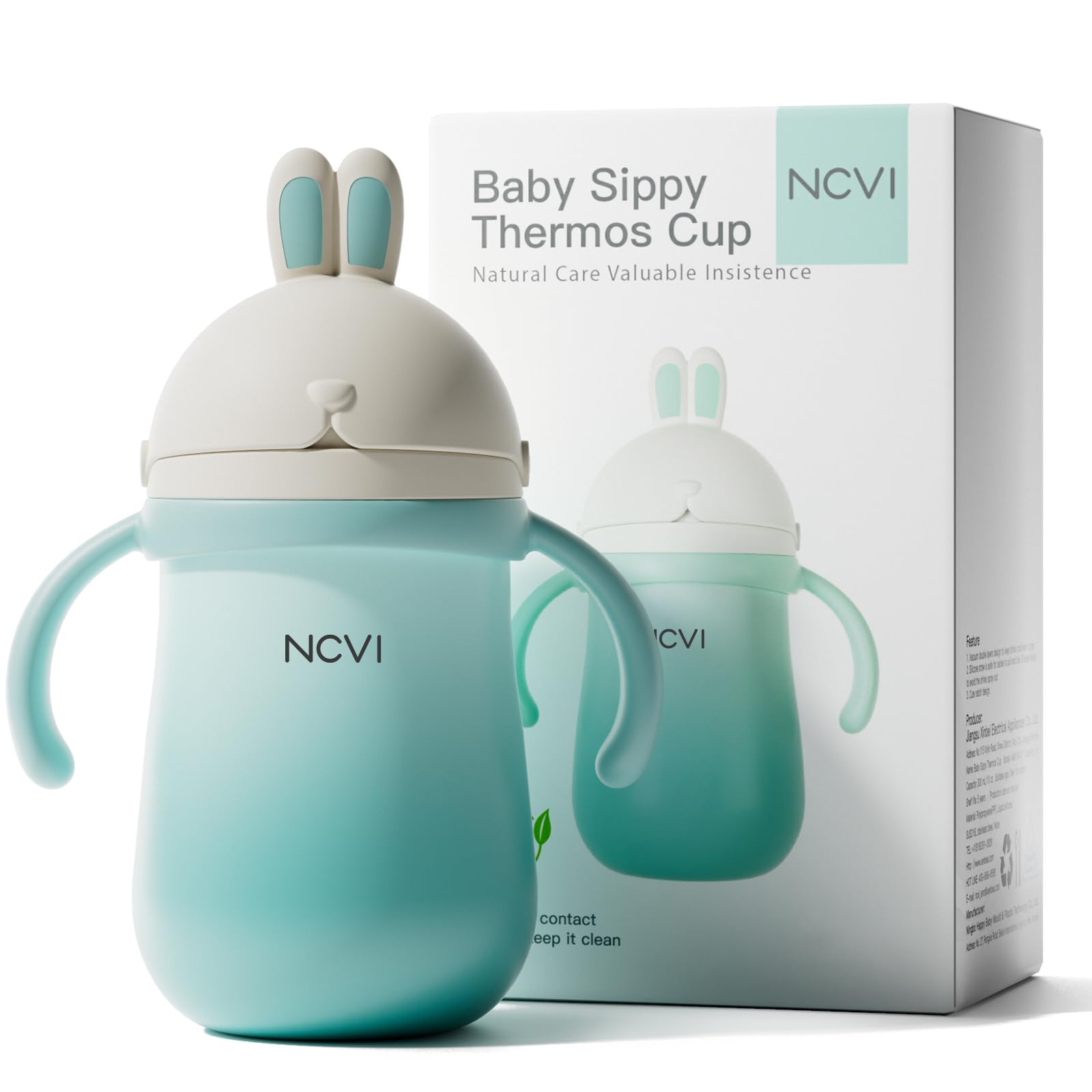NCVI Weighted Straw Sippy Cup, Spill-Proof Stainless Steel, 10oz Thermal Cup for Toddlers with Removable Handle & Extra Straw, I