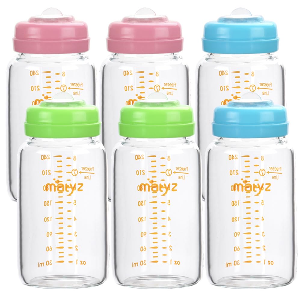 Matyz Glass Breastmilk Storage Bottles, 6 Pack, 8 Oz, Compatible With Spectra Medela Breast Pump - Freezer Safe Storage Bottles