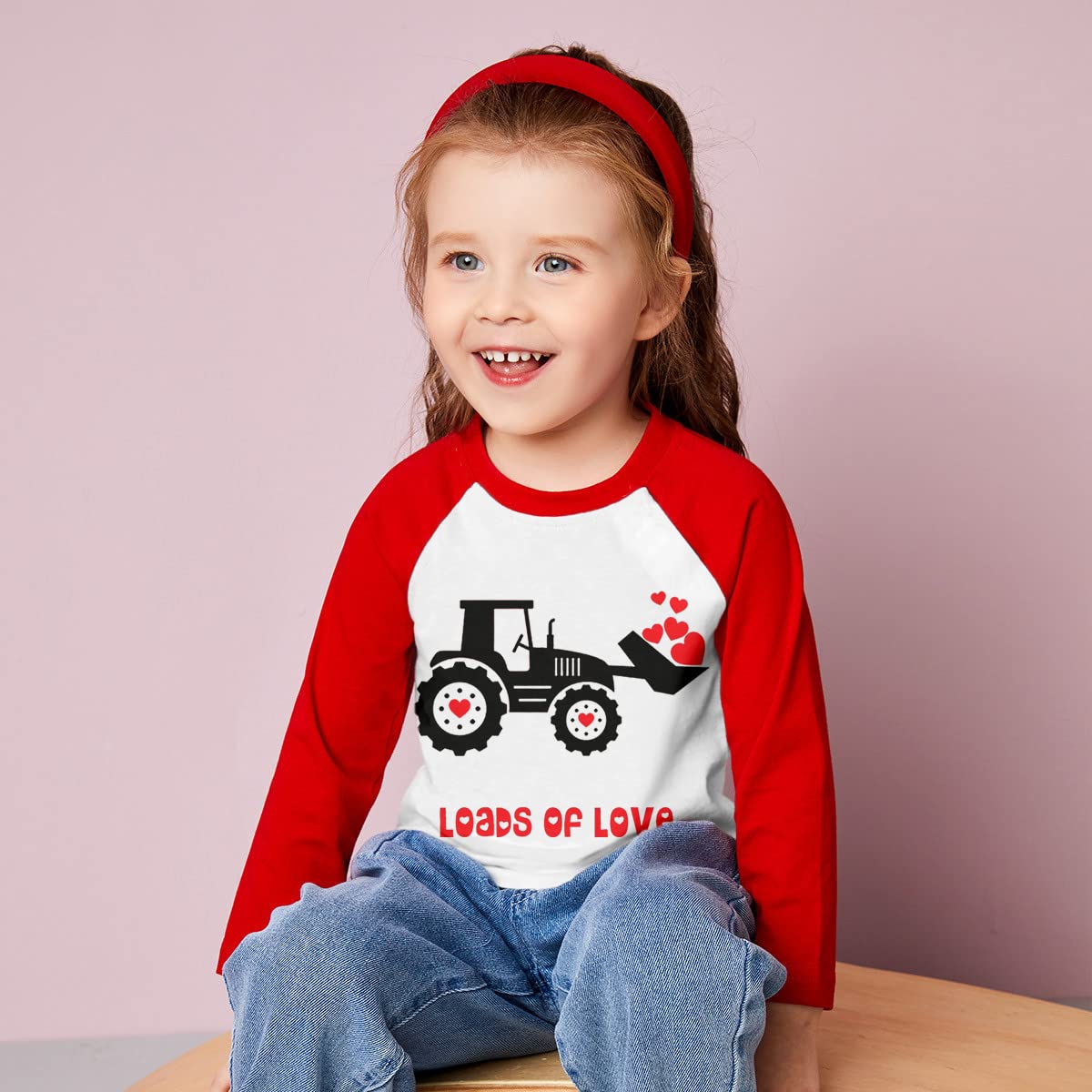 Baby Boys Girls Valentine Shirts Raglan Long Sleeve Tees Toddler Loads Of Love Heart Tractor Graphic Tops 3T