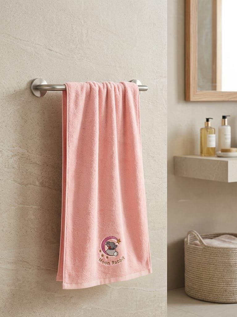 Babyholic Moon Rabbit Baby Towel, Cotton Terry, Soft Embroidered Design, PostBath Wrap for Infants (Pink, Medium)