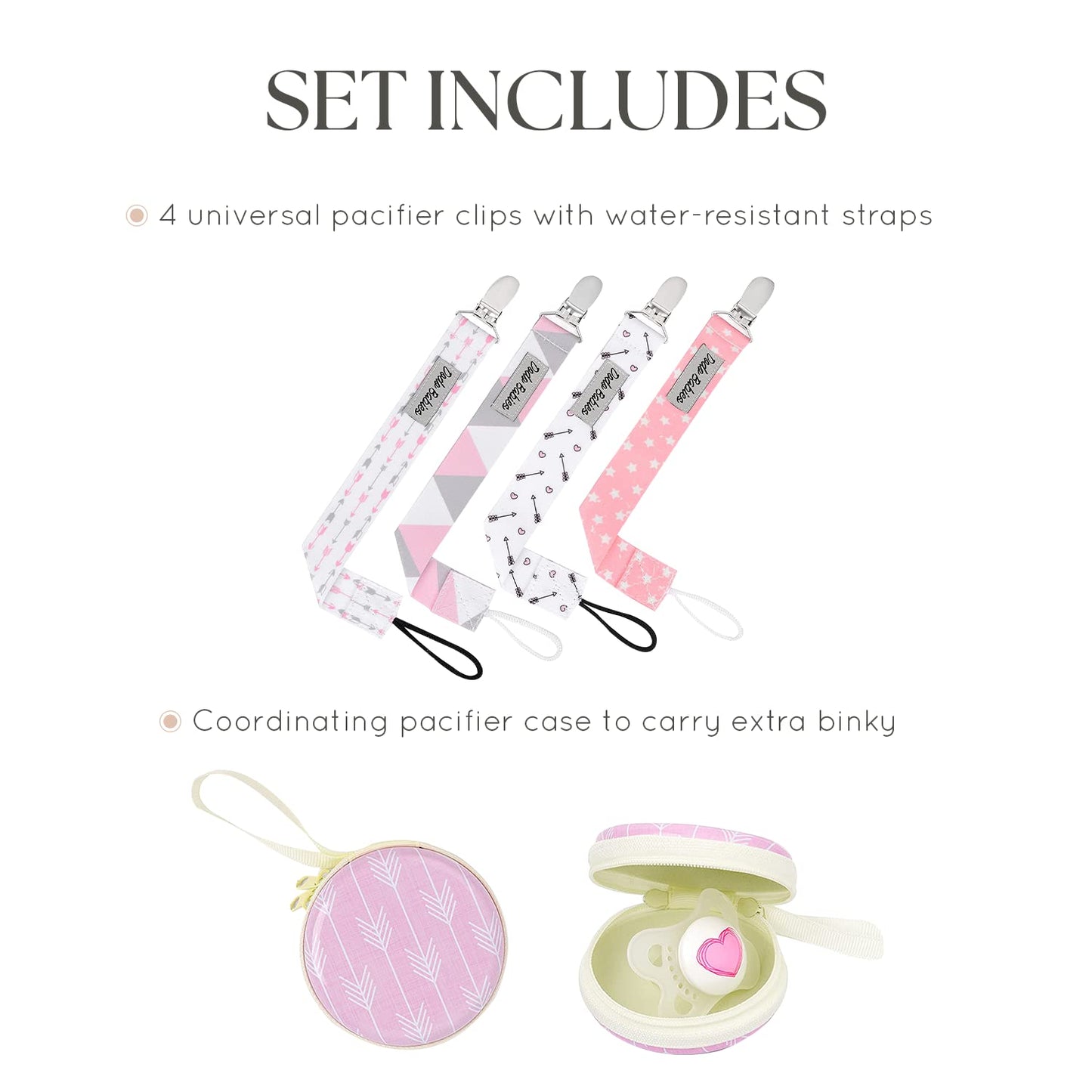 Dodo Babies Pacifier Clip Set - Four Clips Plus Binky Case - Universal Holder Fits Most Paci Brands, Teethers And Car Seats - Pi