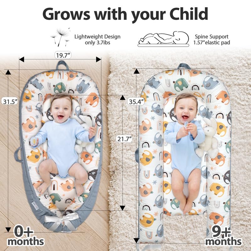 Jocute Baby Lounger Large Size, Cotton Breathable Baby Lounger Pillow Cover Waterproof, Infant Lounger For Travel, Grey Protable