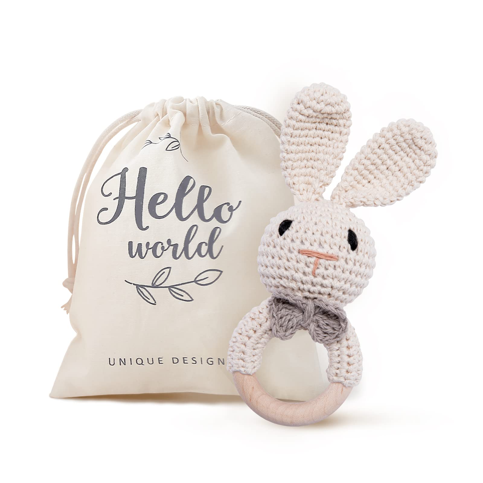 Youuys Wooden Baby Rattle Toys, Easter Bunny Rattle for Baby Crochet Bunny Rattle Toy Natural Wood, Shaker Rattle for Hand Grips