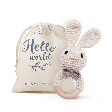 Youuys Wooden Baby Rattle Toys, Easter Bunny Rattle for Baby Crochet Bunny Rattle Toy Natural Wood, Shaker Rattle for Hand Grips