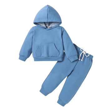 Happy Town Toddler Fall Outfits For Girl Boy Long Sleeve Hoodie Top And Long Sweatpants Set Toddler Sweatsuit (Solid Color-Navy