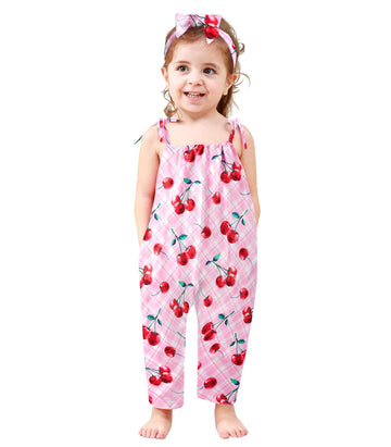 Lindanina 4T Girls Summer Clothes Toddler Red Cherry Romper Jumpsuits Kids Outfits 5T Cute Adjustable Tie-Up Strap One Piece Sle