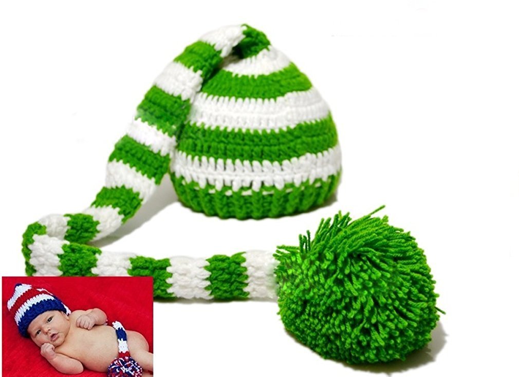 Kafeimali Baby Christmas Elf Long Tail Crochet Beanie Knit Hat Stocking Caps (Green)