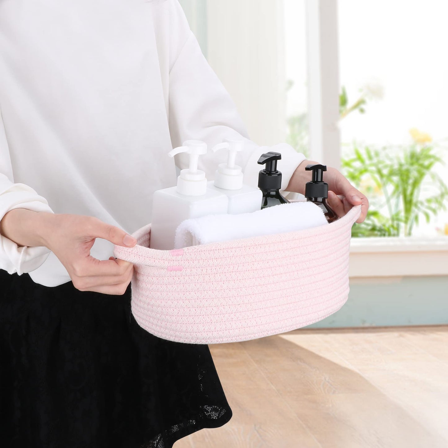 Xuanguo Small Woven Basket Cute Oval Cotton Rope Gifts Basket With Handle Empty Baby Wicker Storage Basket Nursery Box Bin Kids