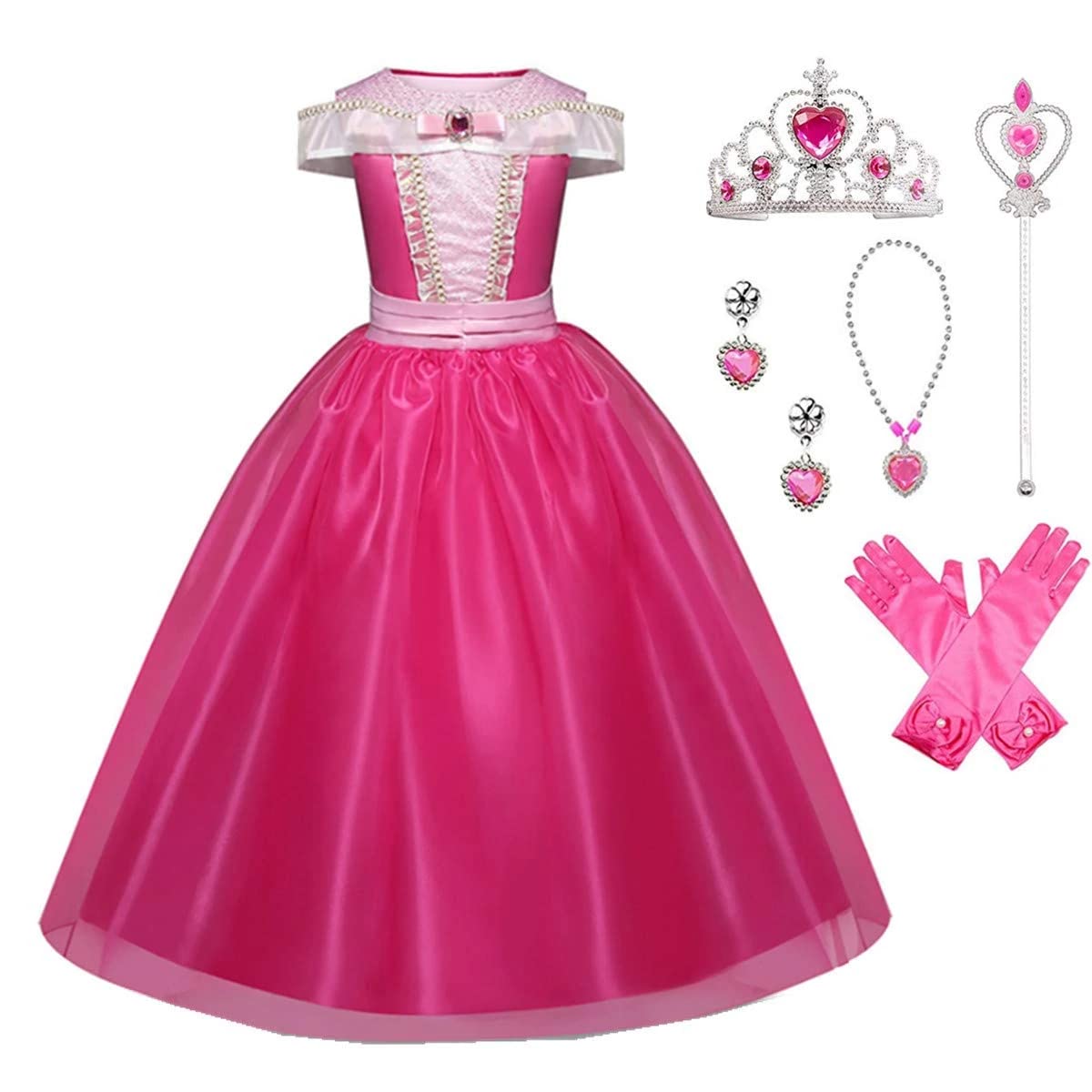 Exyesok Little Girls Princess Aurora Costume Halloween Party Birthday Dress Up Cosplay Outfit, Pink, 4-5T