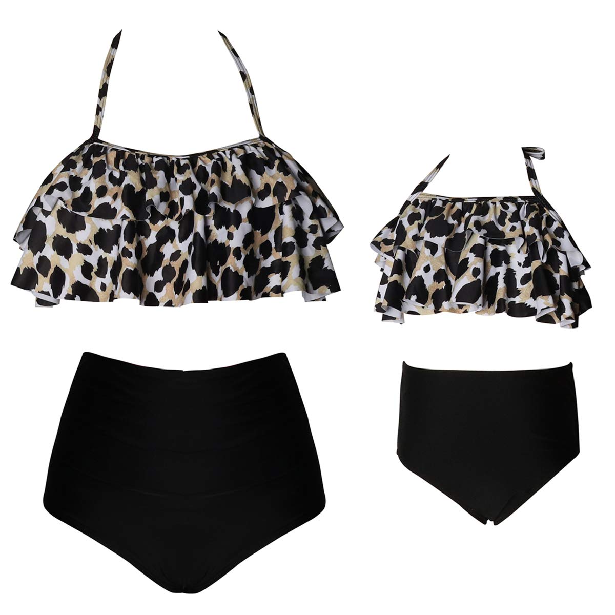 2Pcs Mommy And Me Matching Family Swimsuit Ruffle Women Swimwear Kids Children Toddler Bikini Bathing Suit Beachwear Sets (Leopa