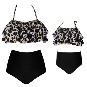 2Pcs Mommy And Me Matching Family Swimsuit Ruffle Women Swimwear Kids Children Toddler Bikini Bathing Suit Beachwear Sets (Leopa