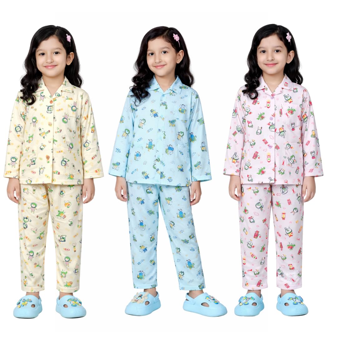 BORNLOV Girls Cotton Printed Pajama Set, Yellow, Blue and Pink Long Sleeve Shirt and Pants, Pack of 3  (9 Years10 Years)