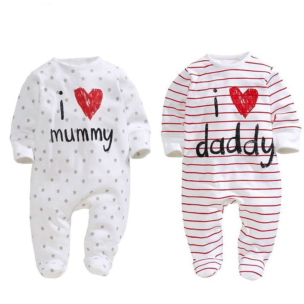 Aomomo Unisex-Baby Clothes Newborn Twins I Love Mummy I Love Daddy Bodysuit Twins 2 Pack (Newborn)