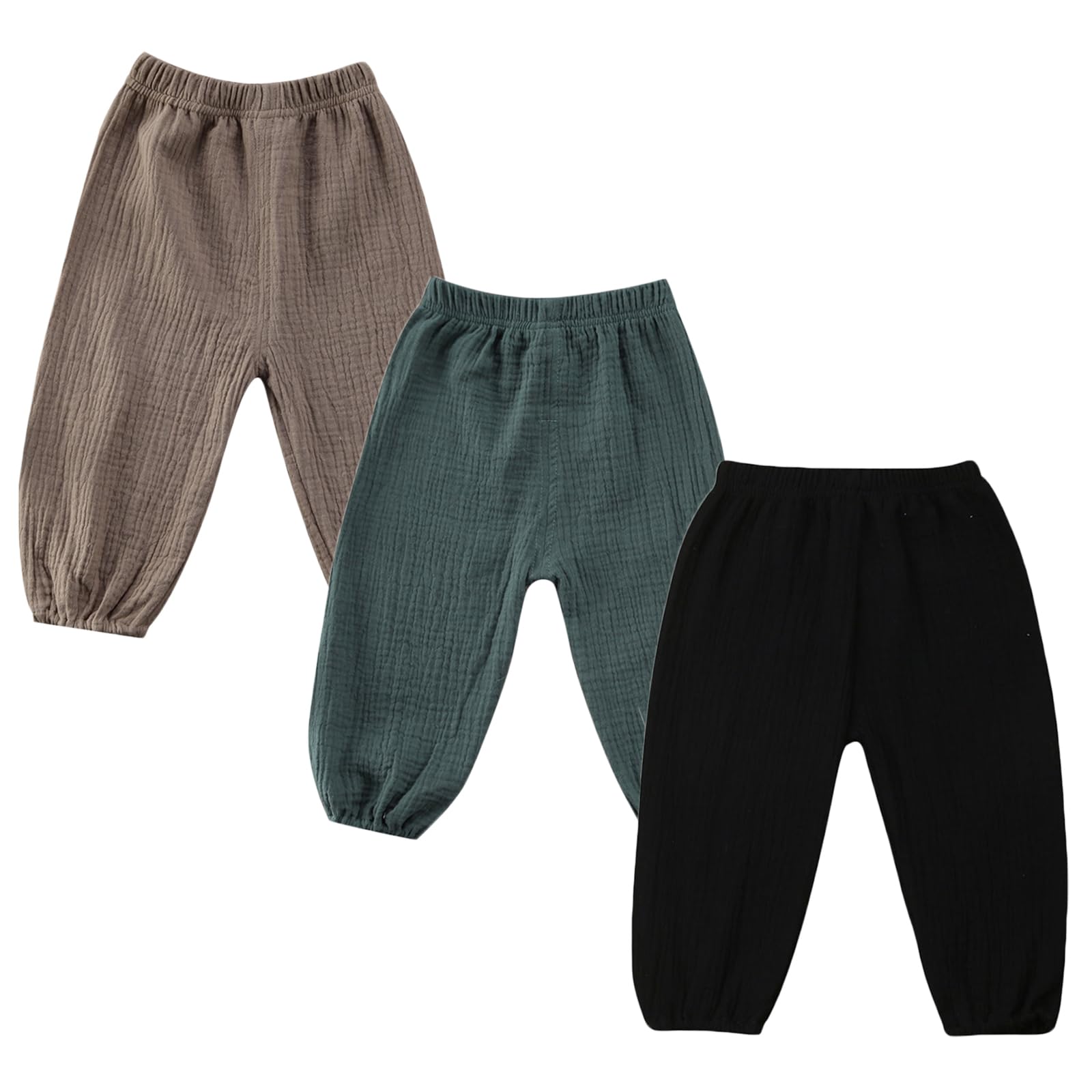 Toddler Baby Boys Girls 3 Pack Cotton Linen Bloomers Pants Solid Color Basic Plain Baby Clothes Joggers(C-Khaki Green Black,2-3