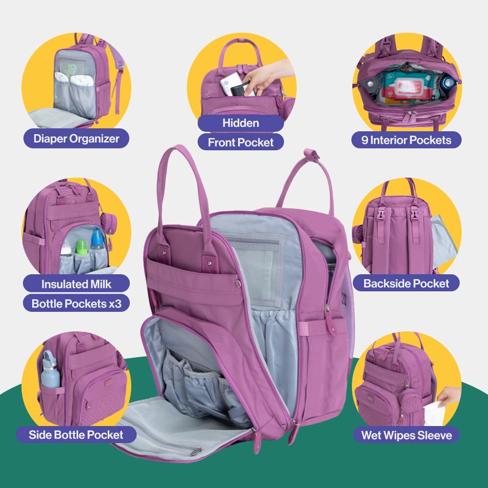 Babbleroo Diaper Bag Backpack - Baby Essentials Travel Tote, Purple, Unisex