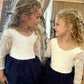 2Bunnies Girl Peony Lace Back A-Line Tiered Tutu Tulle Flower Girl Dress (Navy Sleeve Short, 6M)