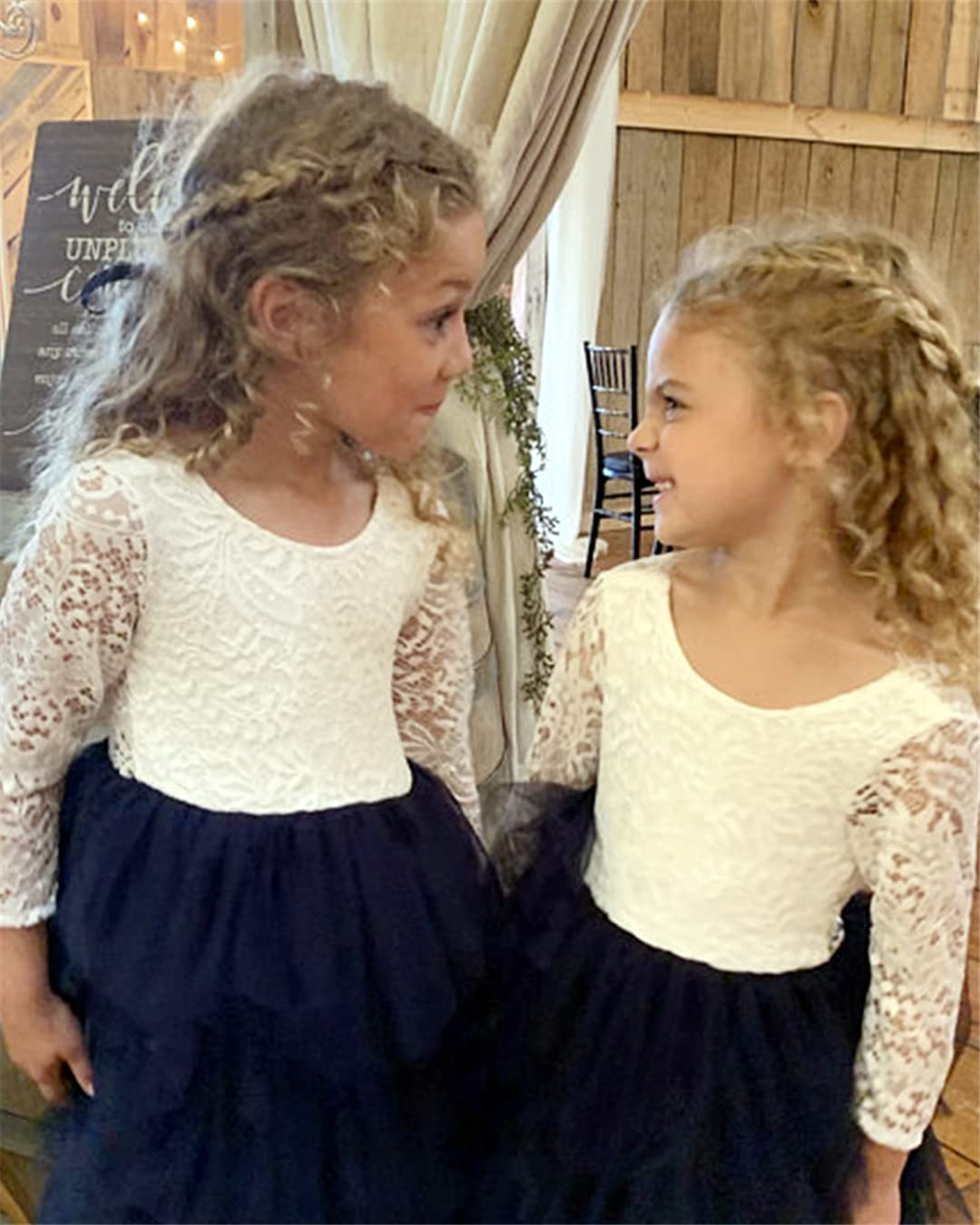 2Bunnies Girl Peony Lace Back A-Line Tiered Tutu Tulle Flower Girl Dress (Navy Sleeve Short, 6M)