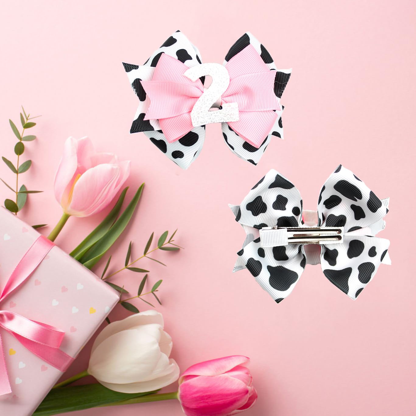 Birthday Hair Clips For Baby Girls - 2Pc Cow Print Bow With White Number Hair Clips For 2Nd Birthday Baby Bow Party Decorations