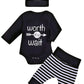Besokuse Baby Unisex Worth The Wait Arrow Printed Romper Striped Pant Hat Outfit Clothes (Black, Newborn)