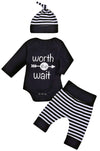 Besokuse Baby Unisex Worth The Wait Arrow Printed Romper Striped Pant Hat Outfit Clothes (Black, Newborn)