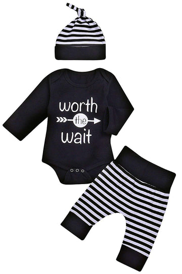 Besokuse Baby Unisex Worth The Wait Arrow Printed Romper Striped Pant Hat Outfit Clothes (Black, Newborn)