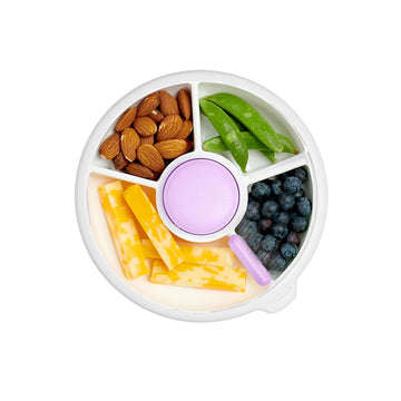 Gobe Kids Small Snack Spinner Slide Bundle With Hand Strap And Sticker Sheet - Reusable Snack Container With 5 Compartment Dispe