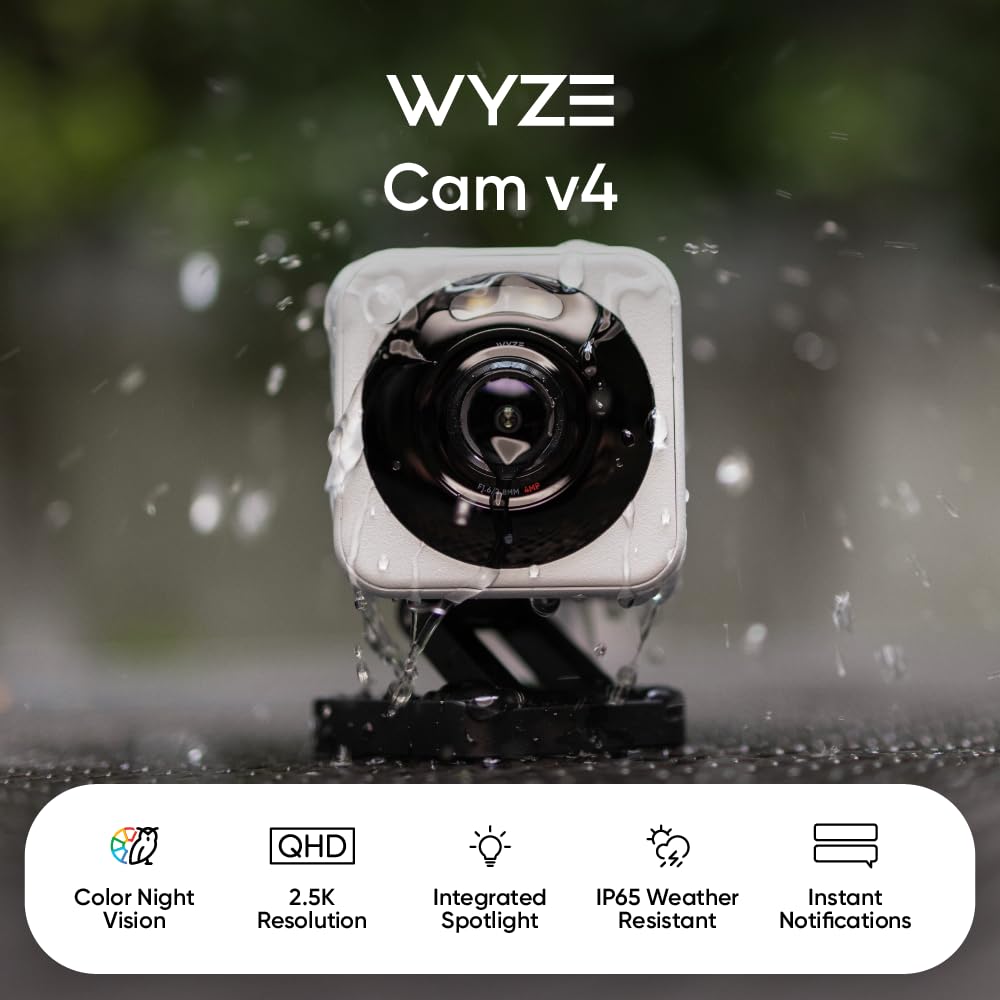 Wyze Cam V4, 2.5K Hd Wifi Smart Home Security Camera, Indoor/Outdoor, Pet/Baby Monitor, Motion Activated Spotlight/Siren, Color