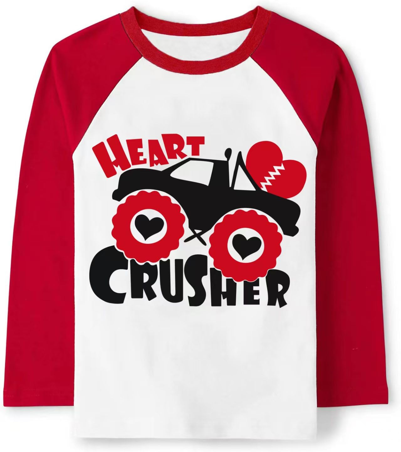 Toddler Boys T-Shirt Valentine'S Day Shirt Monster Truck Heart Crusher Tops Kids Long Sleeve Raglan Baby Tees 2T