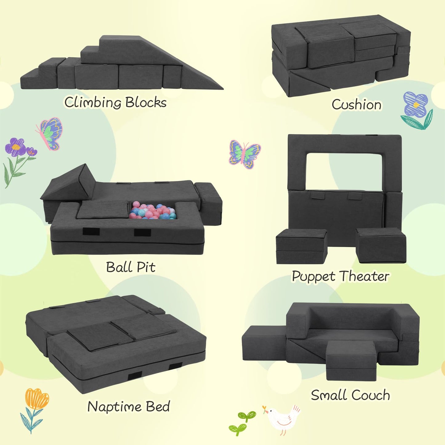 Moozhealth Modular Kids Couch,Toddlers Convertible Climbing Play Couch Sofa And Imaginative Furniture Foldable Floor Cushion Wit