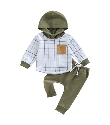 Baby Boy Clothes 3 6 9 12 18 24M 3T Pants Set Hooded Patchwork Hoodie Striped Sweatpants Fall Winter Outfit(Green-Plaid, 18-24 M