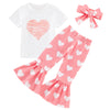 Ninobebe Toddler Girl Valentines Day Outfit Love Heart T-Shirt Bell Bottom Pants Headband 3Pcs Summer Clothes Set 3-4T