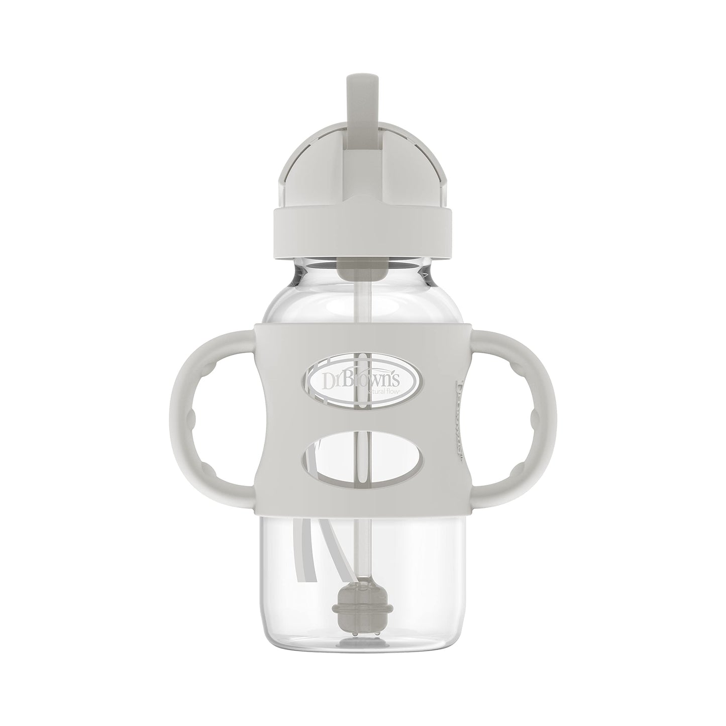 Dr. Brown'S Milestones Wide-Neck Sippy Straw Bottle With 100% Silicone Handles And Weighted Straw, 9 Oz/270 Ml, Gray & Pink, 6M+