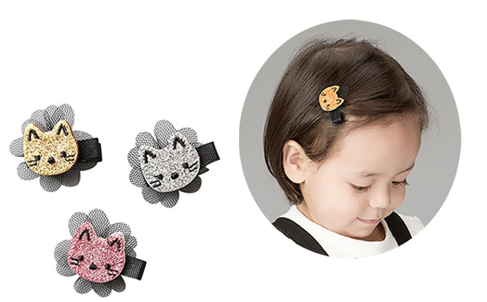 Hair Clips Tie Cat Design For Girls Kids Toddler Baby Party Cat Cute Snap By FANCYBABY (3 Colors Cat Hair clips)
