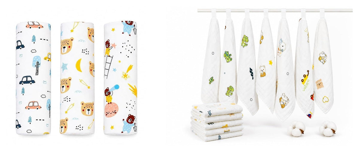 Baby Essentials Combo: 6 Layer Muslin Washcloth Pack of 5 + Muslin Swaddle Wrap Pack of 3 | 100% Cotton Soft & Breathable | Newb