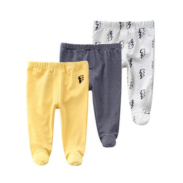 Teach Leanbh Newborn Baby 3 Pack Footed Pants Cotton Embroidery Pringting Casual Leggings 0-12 Months (0-3 Months, Lightning)