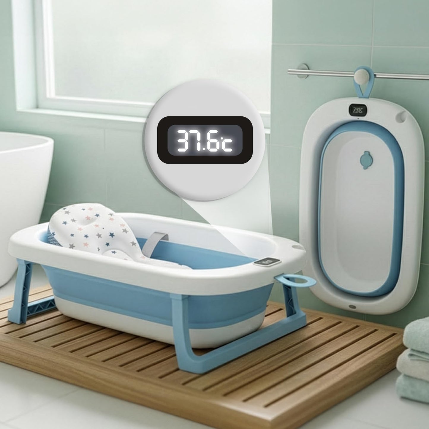 Mee Mee Baby Bath Tub With Digital Temperature Display & Floating Cushion | Foldable BpaFree Tub With AntiSkid Base & Drain Pl