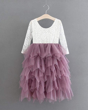 2Bunnies Girl Peony Lace Back A-Line Tiered Tutu Tulle Flower Girl Dress (Mauve Long Sleeve Maxi, 10-12Yrs)