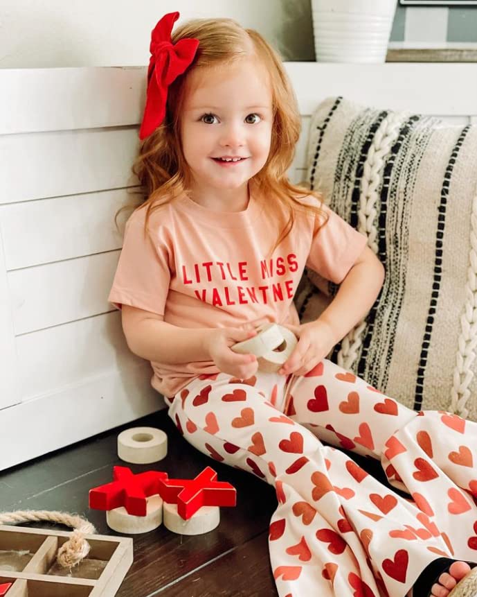 Wybzd Baby Girl Valentines Day Outfit Little Miss Valentine Short Sleeve T-Shirt Top Bell-Bottom Pants Sets Cute Toddler Clothes
