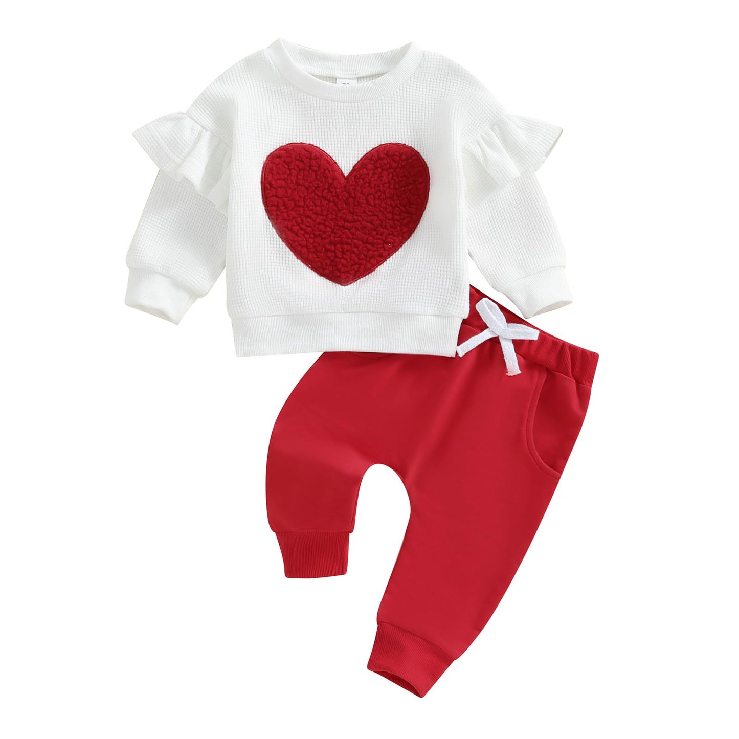 Kavousa Toddler Baby Girl Clothes Heart Ruffles Long Sleeve Sweatshirt Sweatpants Set Infant Fall Winter Outfits (A Red, 6-12 Mo